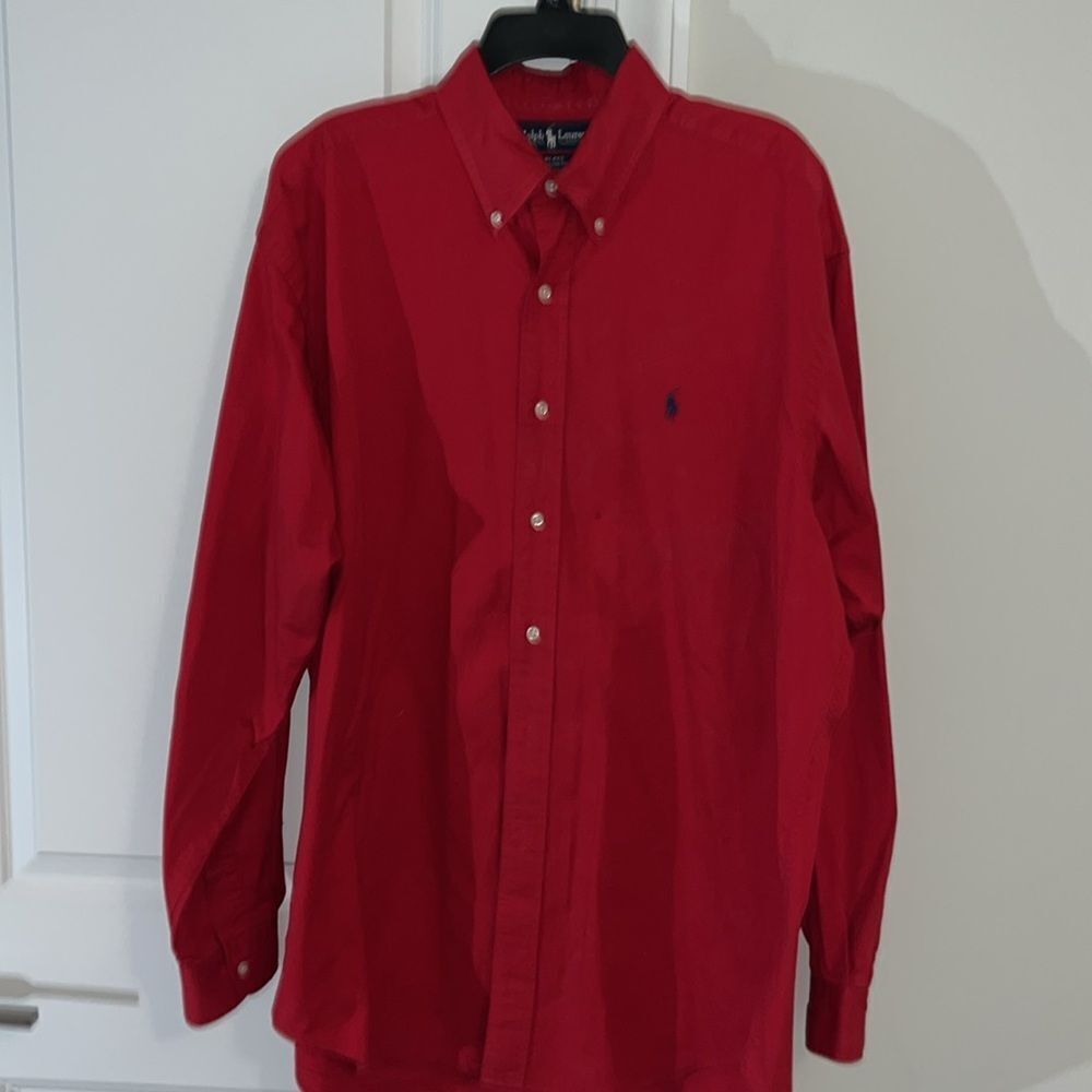 Red Polo Ralph Lauren Blue Pony LS Blake shirt L w/ stains small spots used - Picture 3 of 6